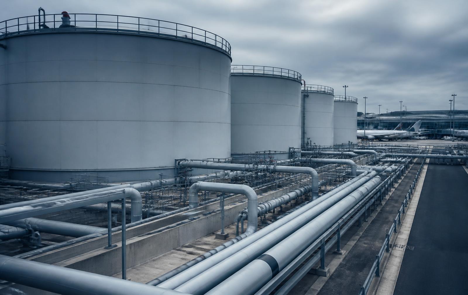 Aviation fuel storage tanks and pipeline infrastructure at an airport facility
