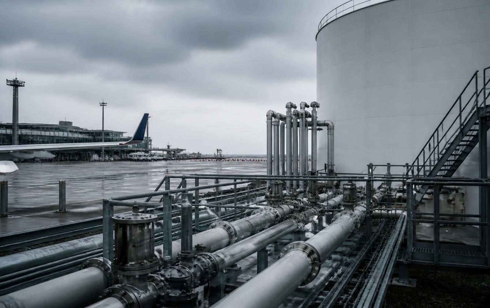 Airport fuelling pipework and storage infrastructure under overcast light